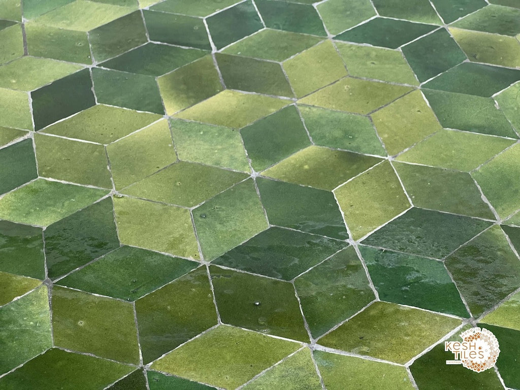 Amina - Seaweed Green Mosaic Table, Geometric Ceramic Outdoor Table