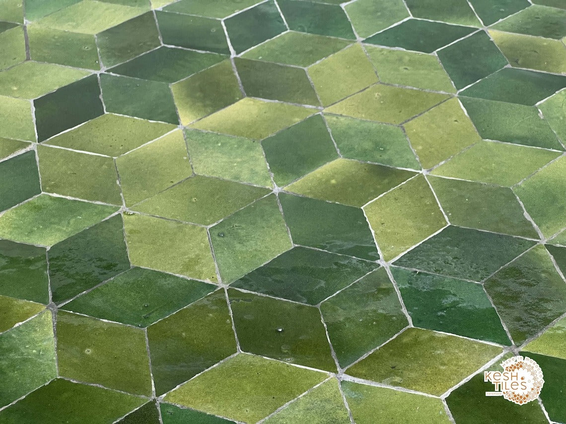 Amina - Seaweed Green Mosaic Table, Geometric Ceramic Outdoor Table