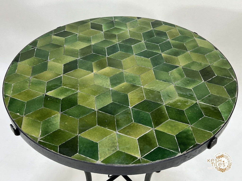 Amina - Seaweed Green Mosaic Table, Geometric Ceramic Outdoor Table