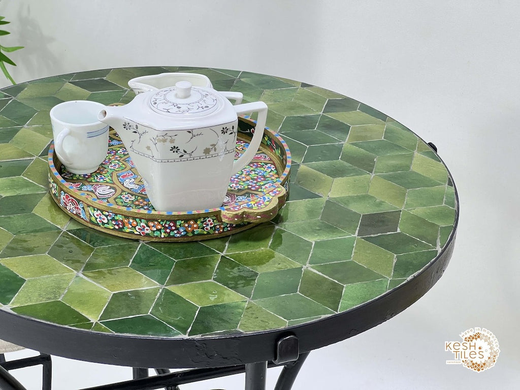 Amina - Seaweed Green Mosaic Table, Geometric Ceramic Outdoor Table