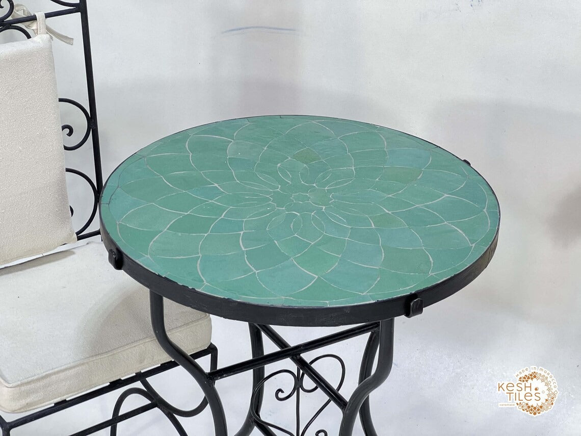 Aziza - Mosaic Side Table – Green Moroccan Zellige Tile Round Table