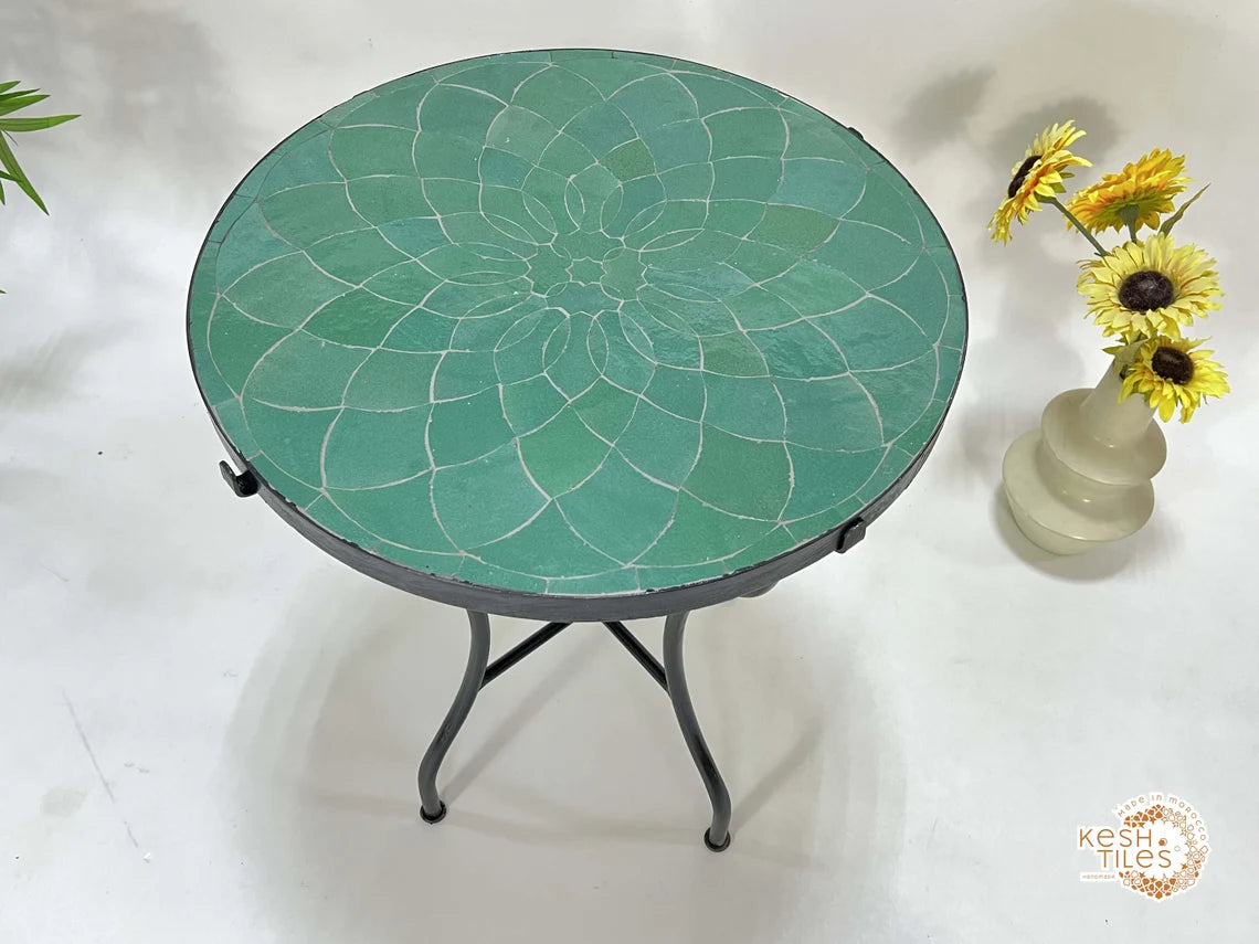 Aziza - Mosaic Side Table – Green Moroccan Zellige Tile Round Table