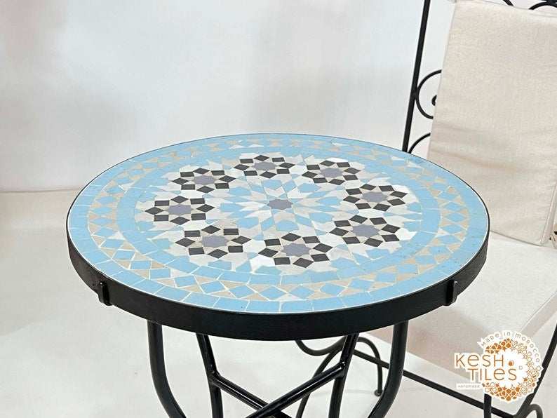 Tighri - Baby Blue Moroccan Mosaic Table, Handmade Zellige Patio Side Table