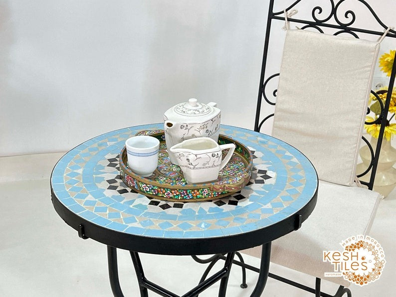 Tighri - Baby Blue Moroccan Mosaic Table, Handmade Zellige Patio Side Table