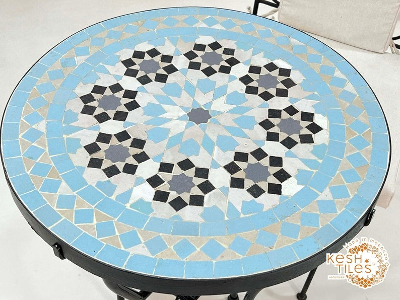 Tighri - Baby Blue Moroccan Mosaic Table, Handmade Zellige Patio Side Table