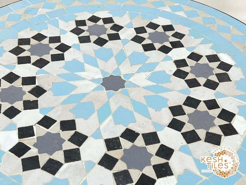 Tighri - Baby Blue Moroccan Mosaic Table, Handmade Zellige Patio Side Table