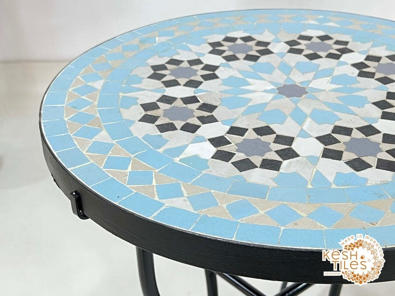 Tighri - Baby Blue Moroccan Mosaic Table, Handmade Zellige Patio Side Table