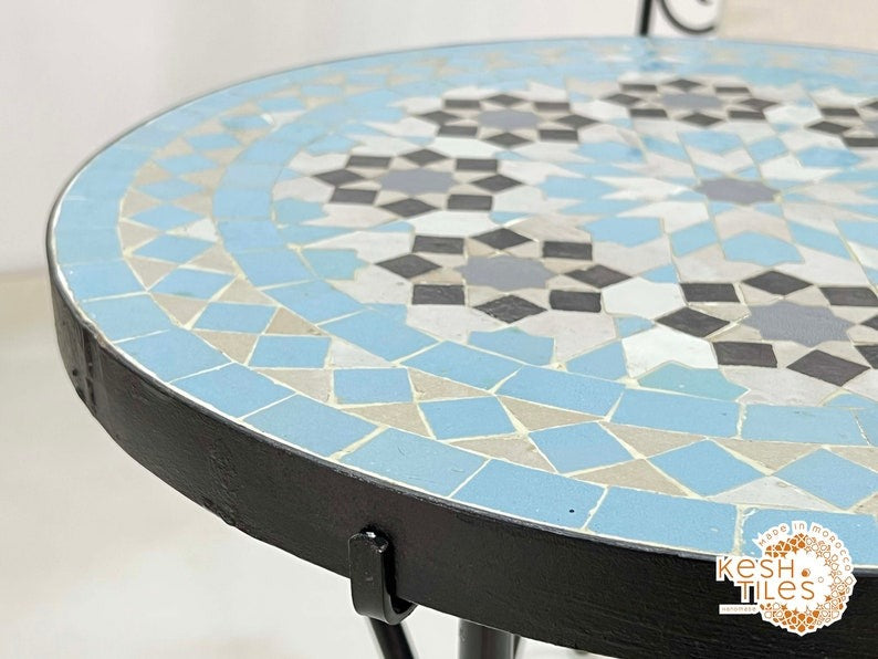 Tighri - Baby Blue Moroccan Mosaic Table, Handmade Zellige Patio Side Table