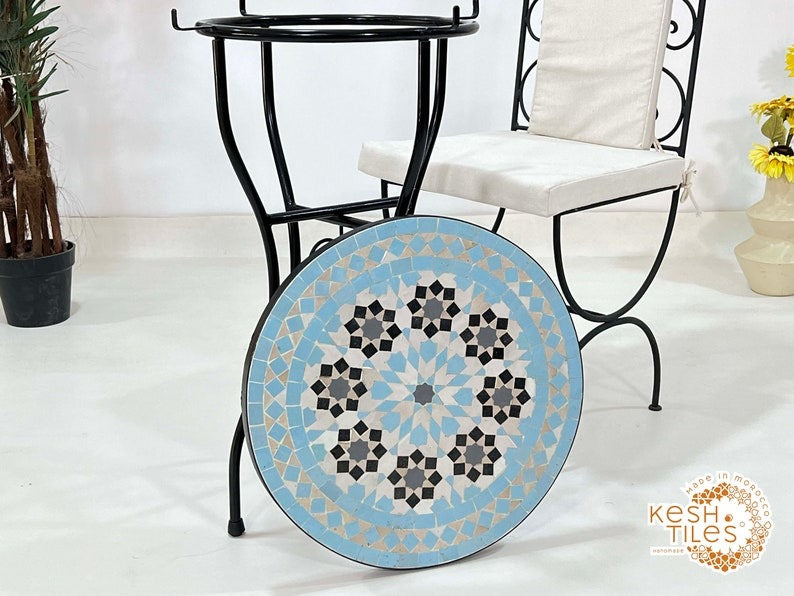 Tighri - Baby Blue Moroccan Mosaic Table, Handmade Zellige Patio Side Table