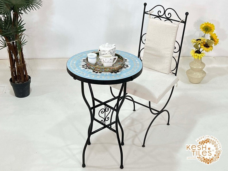Tighri - Baby Blue Moroccan Mosaic Table, Handmade Zellige Patio Side Table