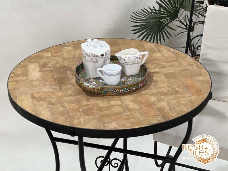 Tiniri - Beige Mosaic Tile Table, Handmade Herringbone Moroccan Table