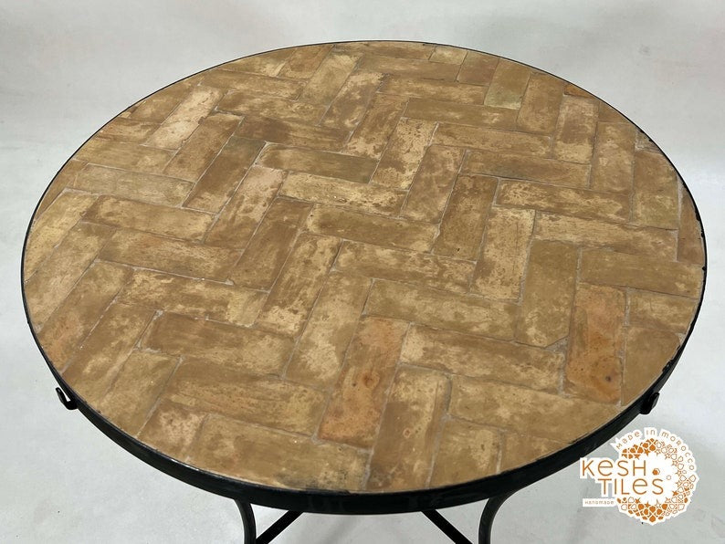 Tiniri - Beige Mosaic Tile Table, Handmade Herringbone Moroccan Table