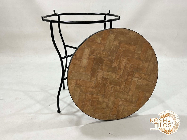 Tiniri - Beige Mosaic Tile Table, Handmade Herringbone Moroccan Table