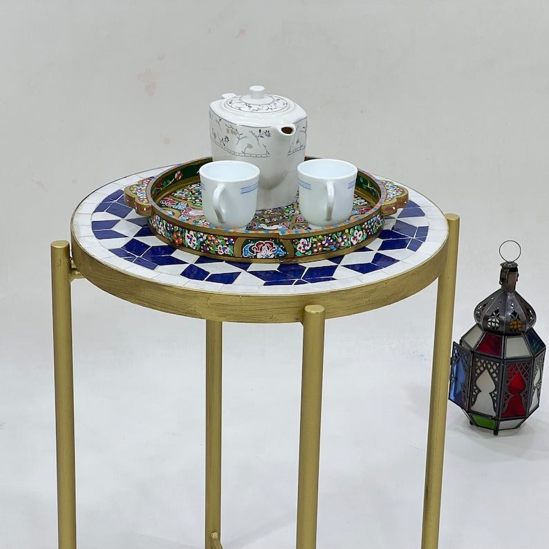 Zayd - Blue Mosaic Coffee Table, Moroccan Zellige Table with Golden Base