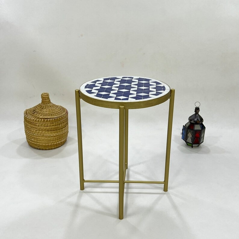 Zayd - Blue Mosaic Coffee Table, Moroccan Zellige Table with Golden Base