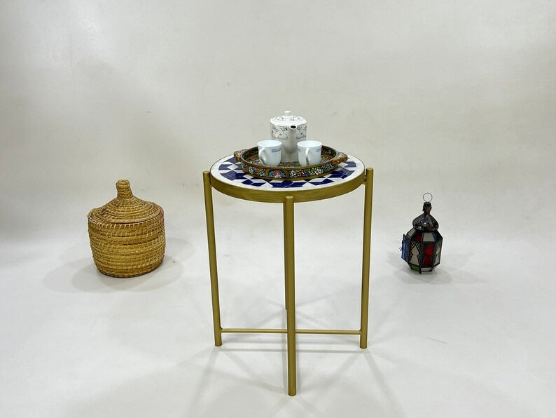 Zayd - Blue Mosaic Coffee Table, Moroccan Zellige Table with Golden Base