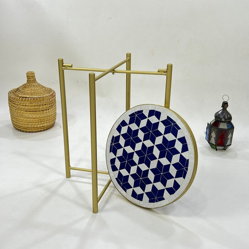 Zayd - Blue Mosaic Coffee Table, Moroccan Zellige Table with Golden Base