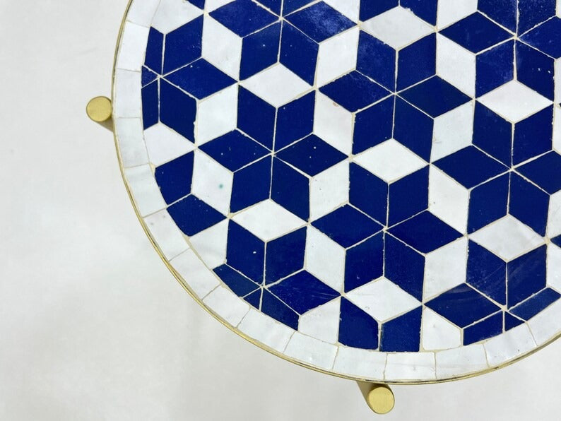 Zayd - Blue Mosaic Coffee Table, Moroccan Zellige Table with Golden Base