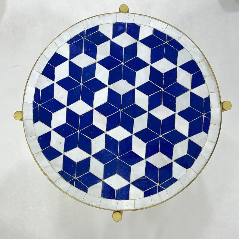 Zayd - Blue Mosaic Coffee Table, Moroccan Zellige Table with Golden Base