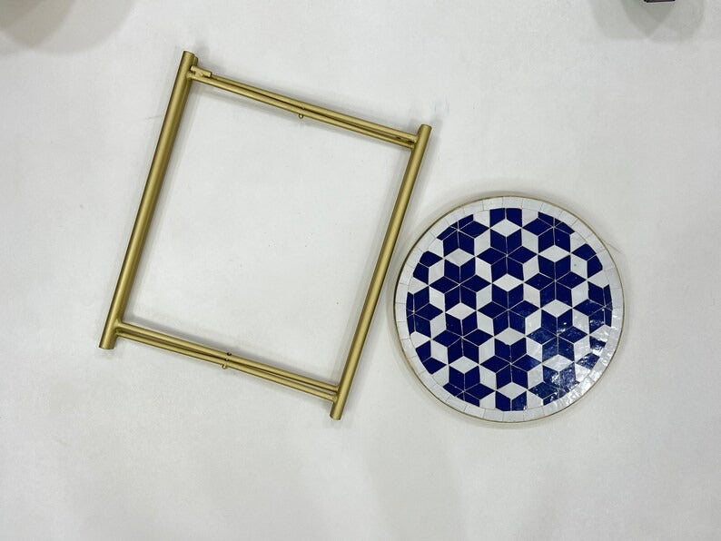 Zayd - Blue Mosaic Coffee Table, Moroccan Zellige Table with Golden Base
