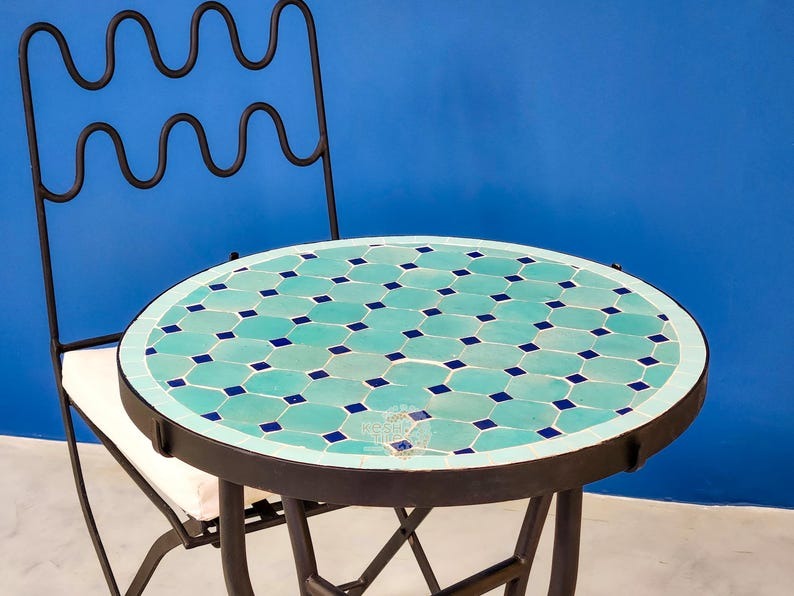 Amal - Blue Mosaic Table, Round Cyan and Dark Blue Moroccan Zellige Coffee Table