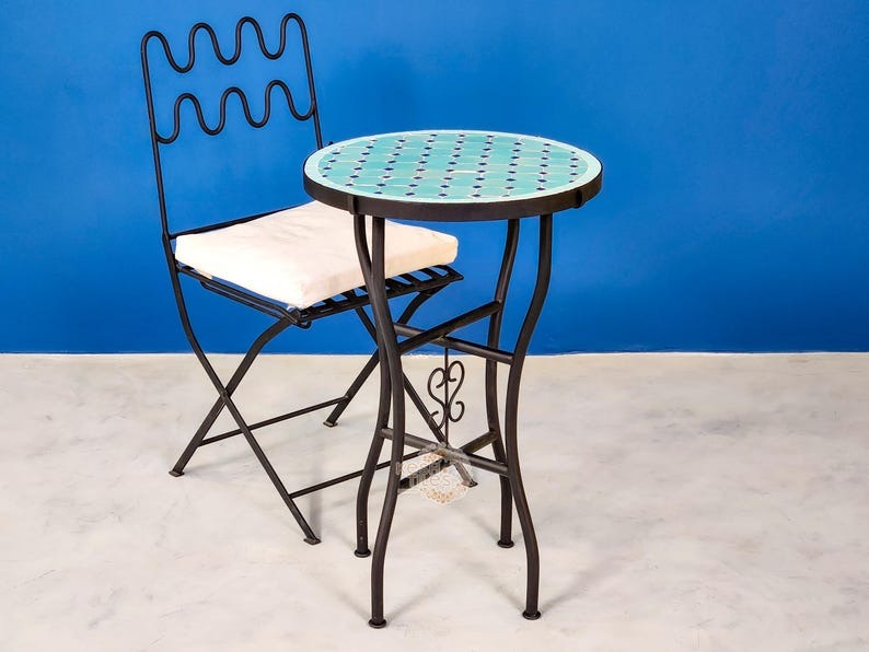 Amal - Blue Mosaic Table, Round Cyan and Dark Blue Moroccan Zellige Coffee Table