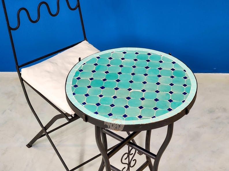 Amal - Blue Mosaic Table, Round Cyan and Dark Blue Moroccan Zellige Coffee Table