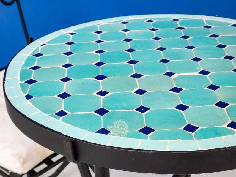 Amal - Blue Mosaic Table, Round Cyan and Dark Blue Moroccan Zellige Coffee Table