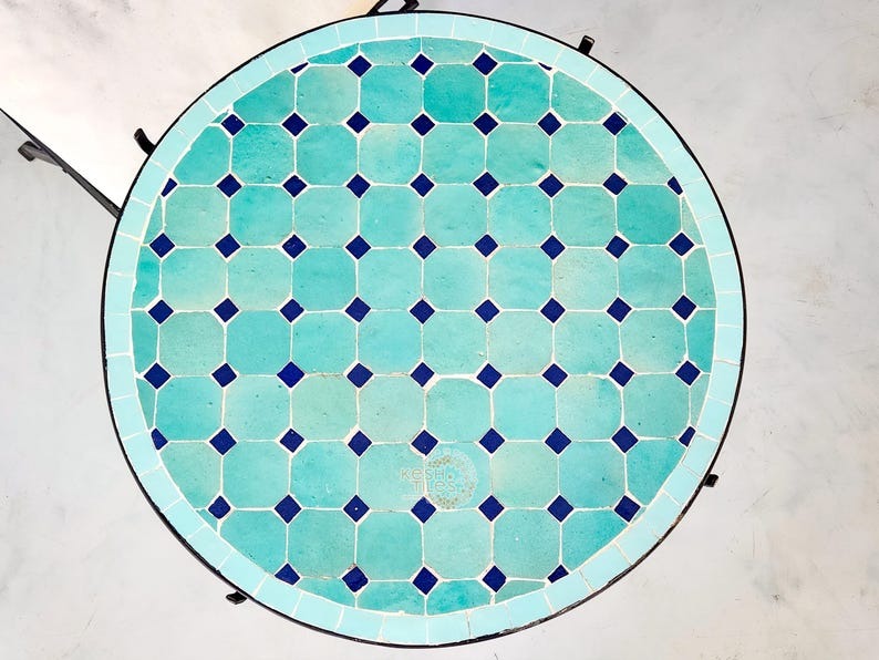 Amal - Blue Mosaic Table, Round Cyan and Dark Blue Moroccan Zellige Coffee Table
