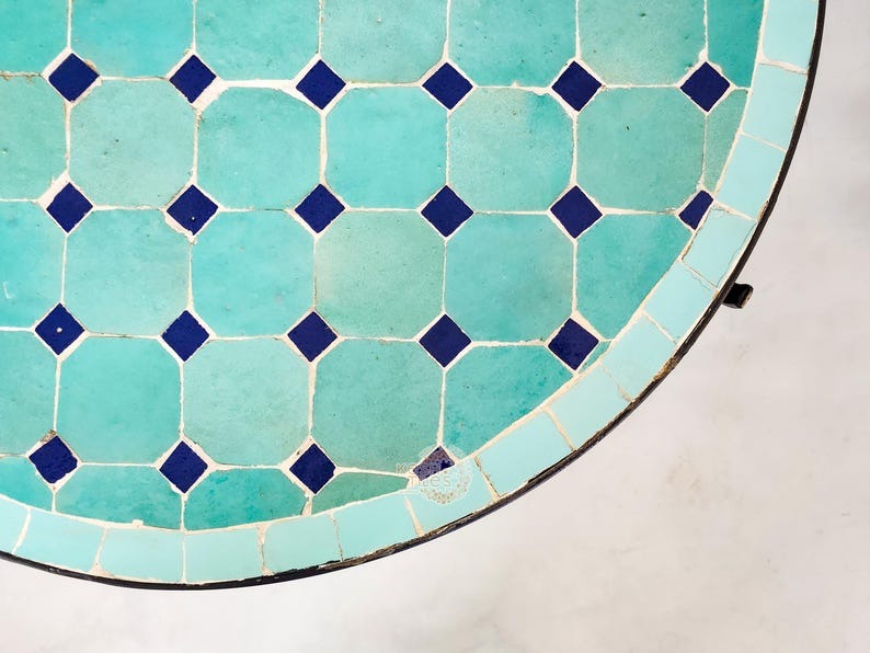 Amal - Blue Mosaic Table, Round Cyan and Dark Blue Moroccan Zellige Coffee Table