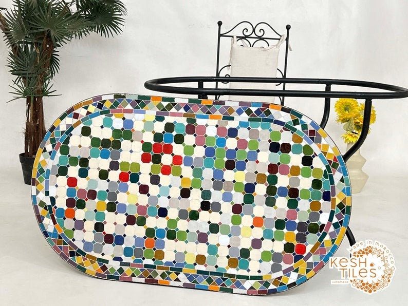 Safia - Colorful Mosaic Oval Table, Handmade Moroccan Zellige Patio Table