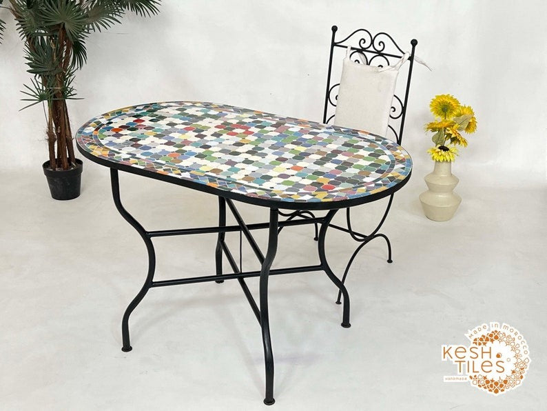 Safia - Colorful Mosaic Oval Table, Handmade Moroccan Zellige Patio Table