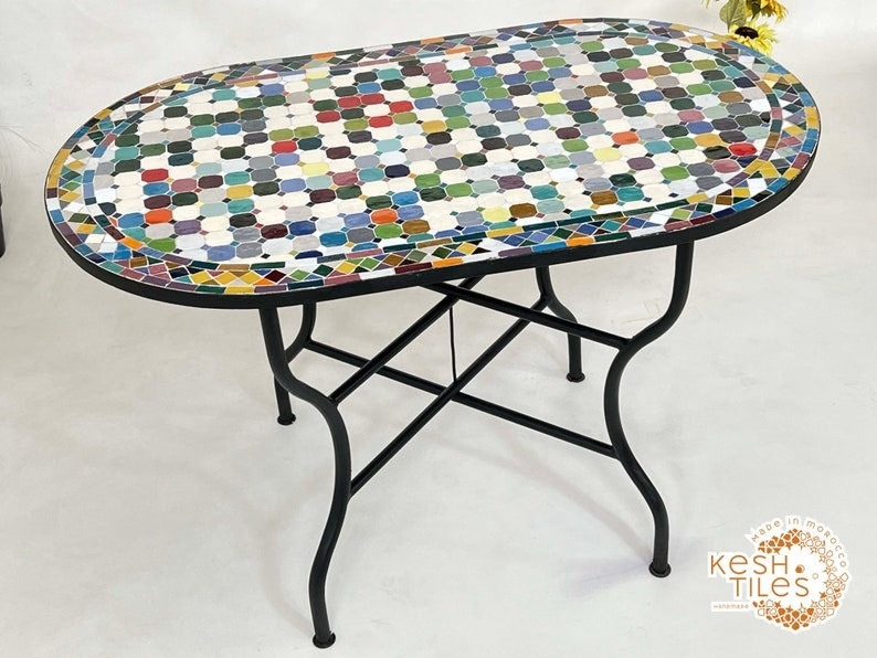 Safia - Colorful Mosaic Oval Table, Handmade Moroccan Zellige Patio Table