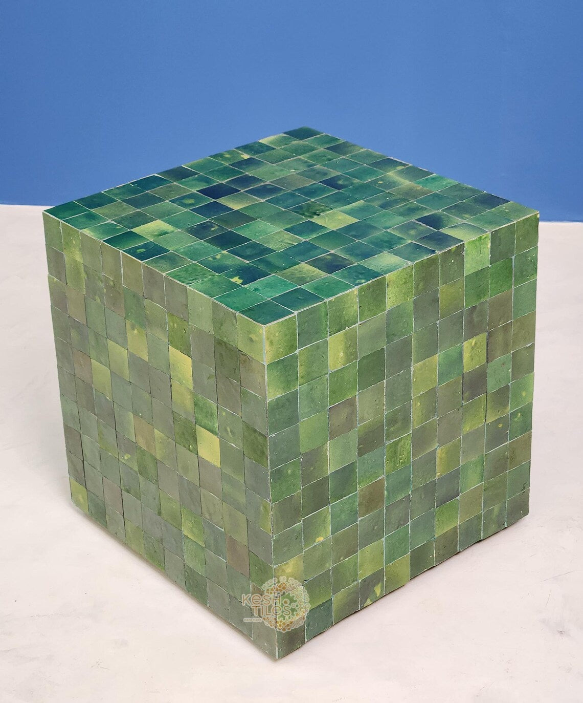 Anbar - Cube Mosaic Side Table, Green Handmade Moroccan Tamegrout