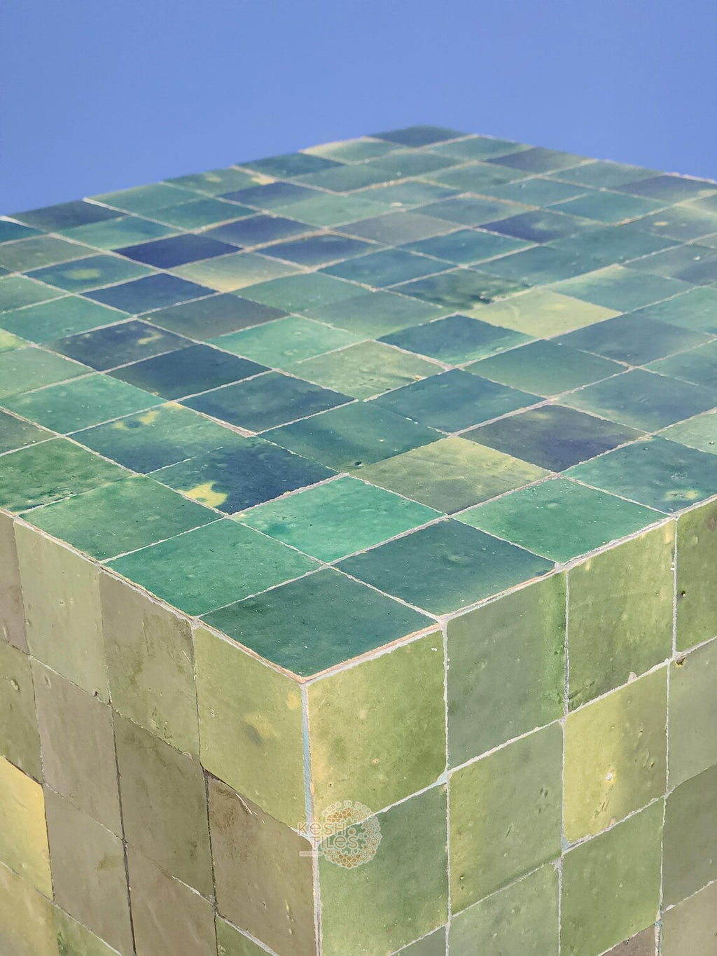 Anbar - Cube Mosaic Side Table, Green Handmade Moroccan Tamegrout