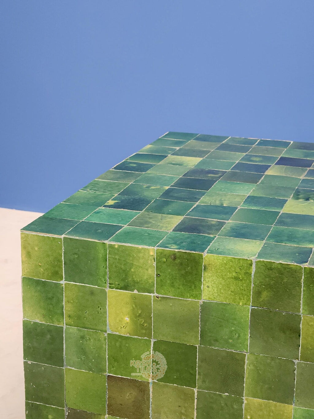 Anbar - Cube Mosaic Side Table, Green Handmade Moroccan Tamegrout