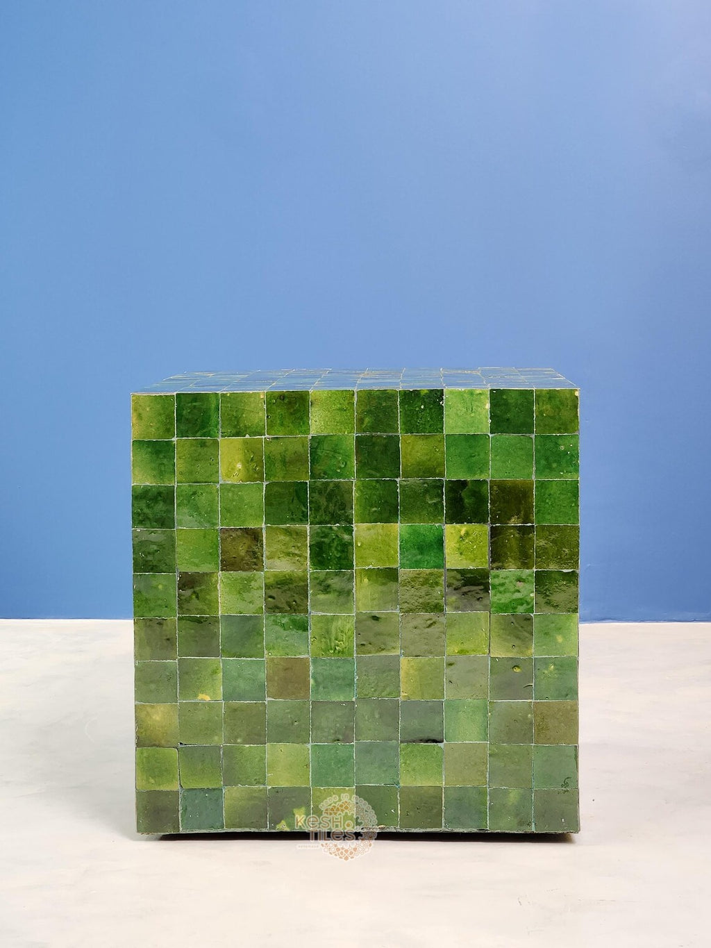 Anbar - Cube Mosaic Side Table, Green Handmade Moroccan Tamegrout
