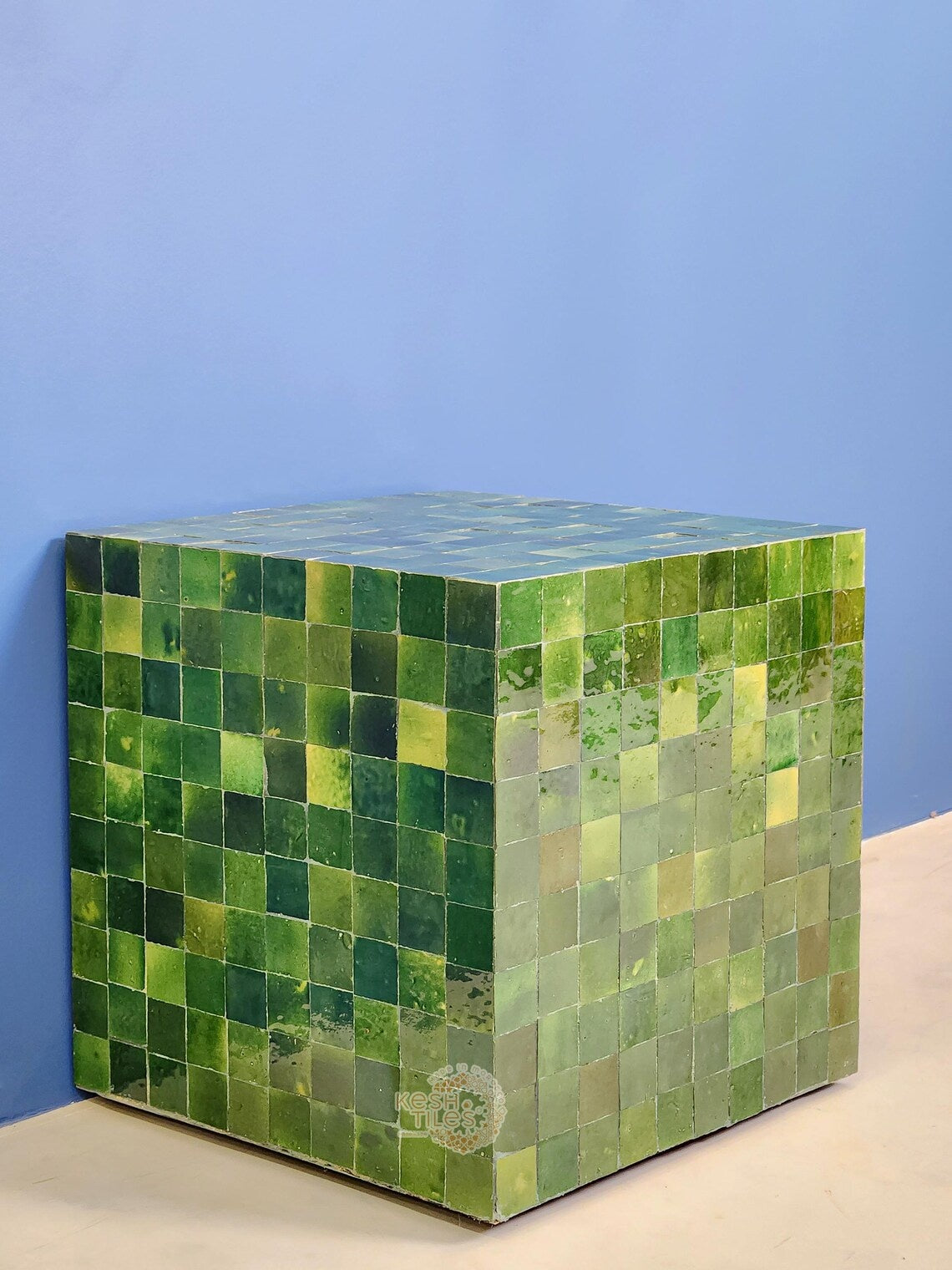 Anbar - Cube Mosaic Side Table, Green Handmade Moroccan Tamegrout