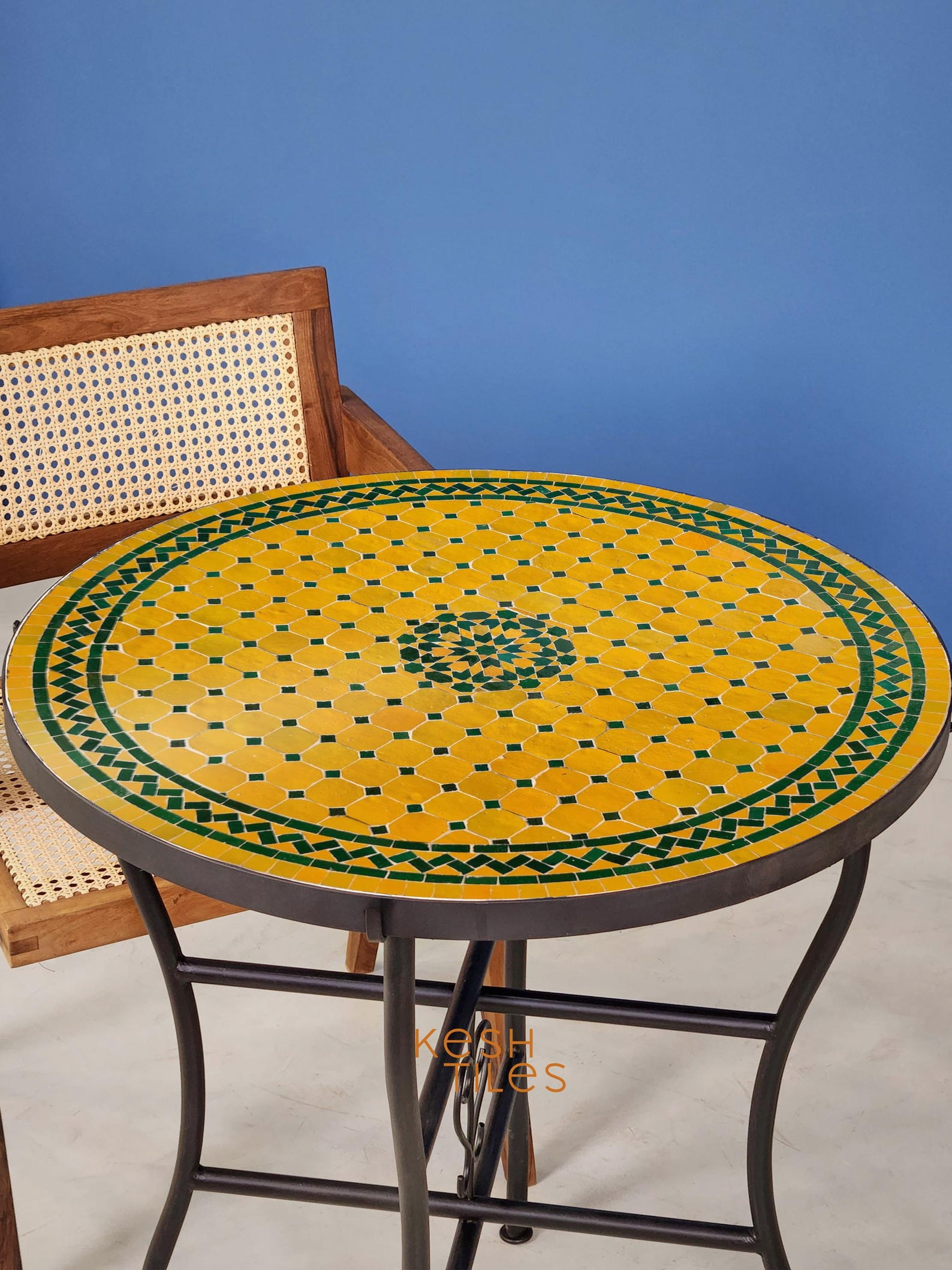 CUSTOM MOSAIC TABLE, Yellow And Green Tamegroute Tiles Round Table