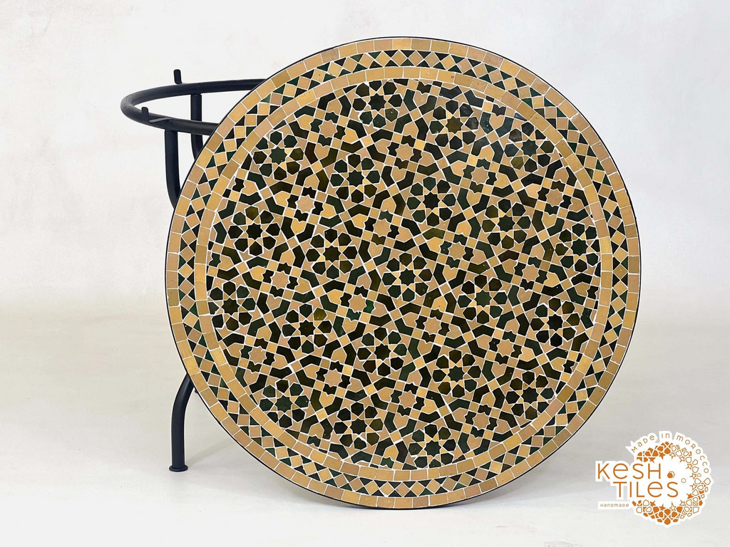 ZELLIJE MOSAIC TABLE, Handmade Round Green Tamegrout And Light Beige Table