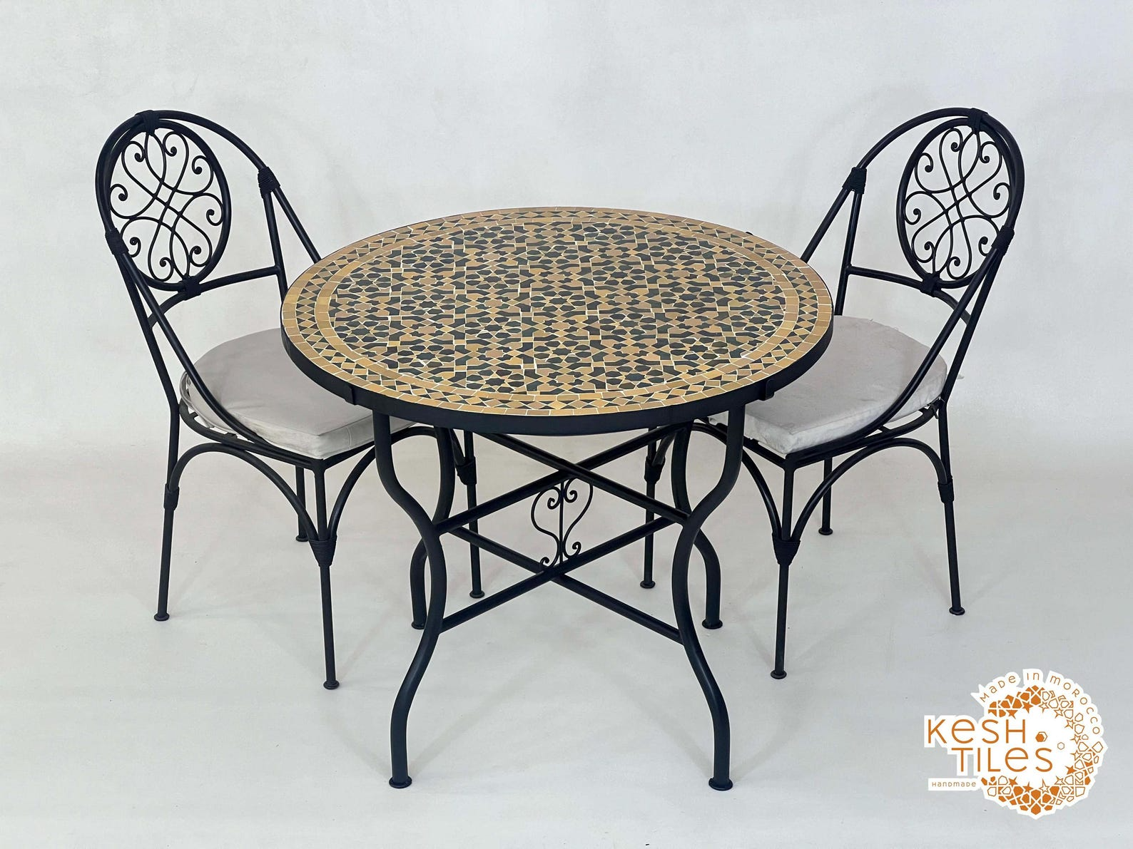 ZELLIJE MOSAIC TABLE, Handmade Round Green Tamegrout And Light Beige Table