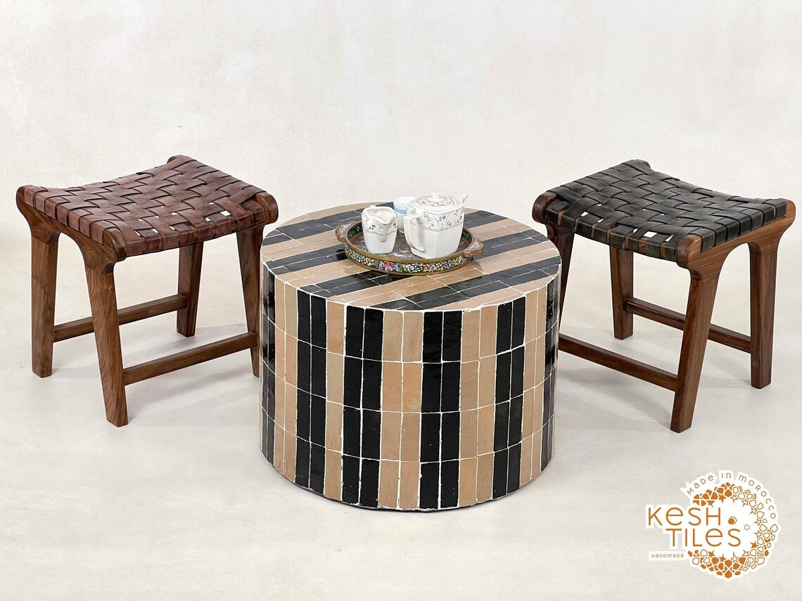 Isli - Beige and Black Drum Mosaic Coffee Table, Handmade Moroccan Zellige Table