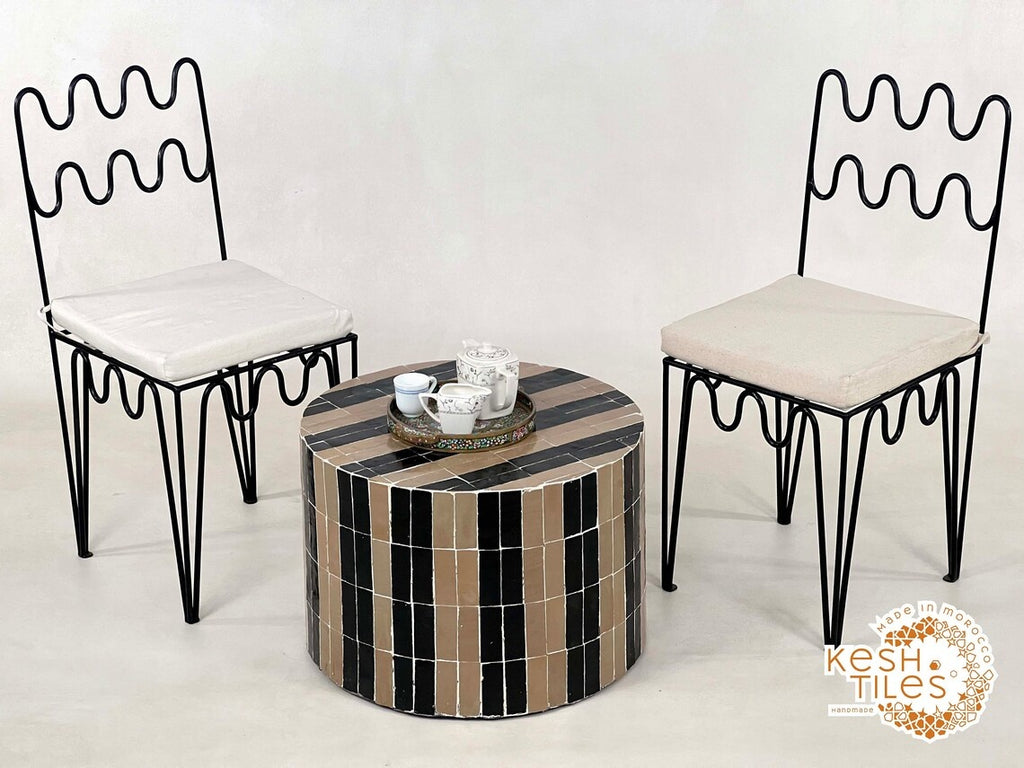 Isli - Beige and Black Drum Mosaic Coffee Table, Handmade Moroccan Zellige Table