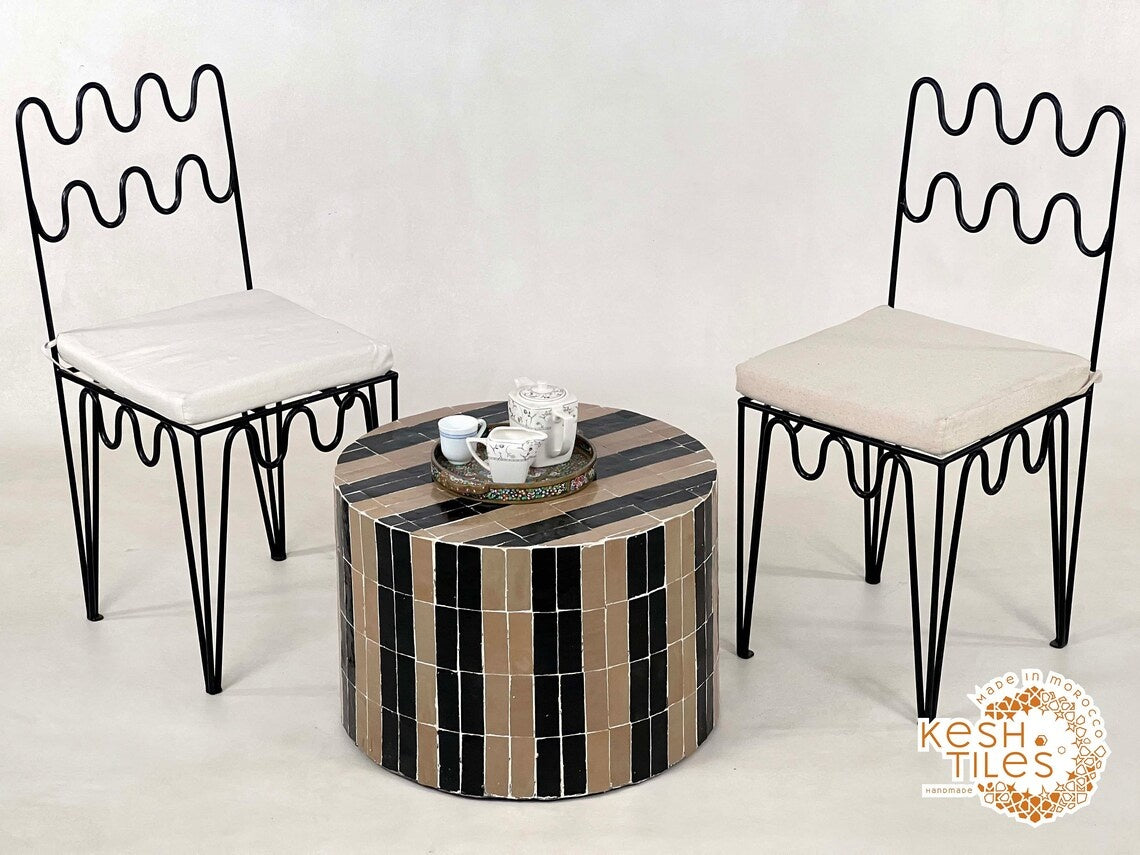 Isli - Beige and Black Drum Mosaic Coffee Table, Handmade Moroccan Zellige Table