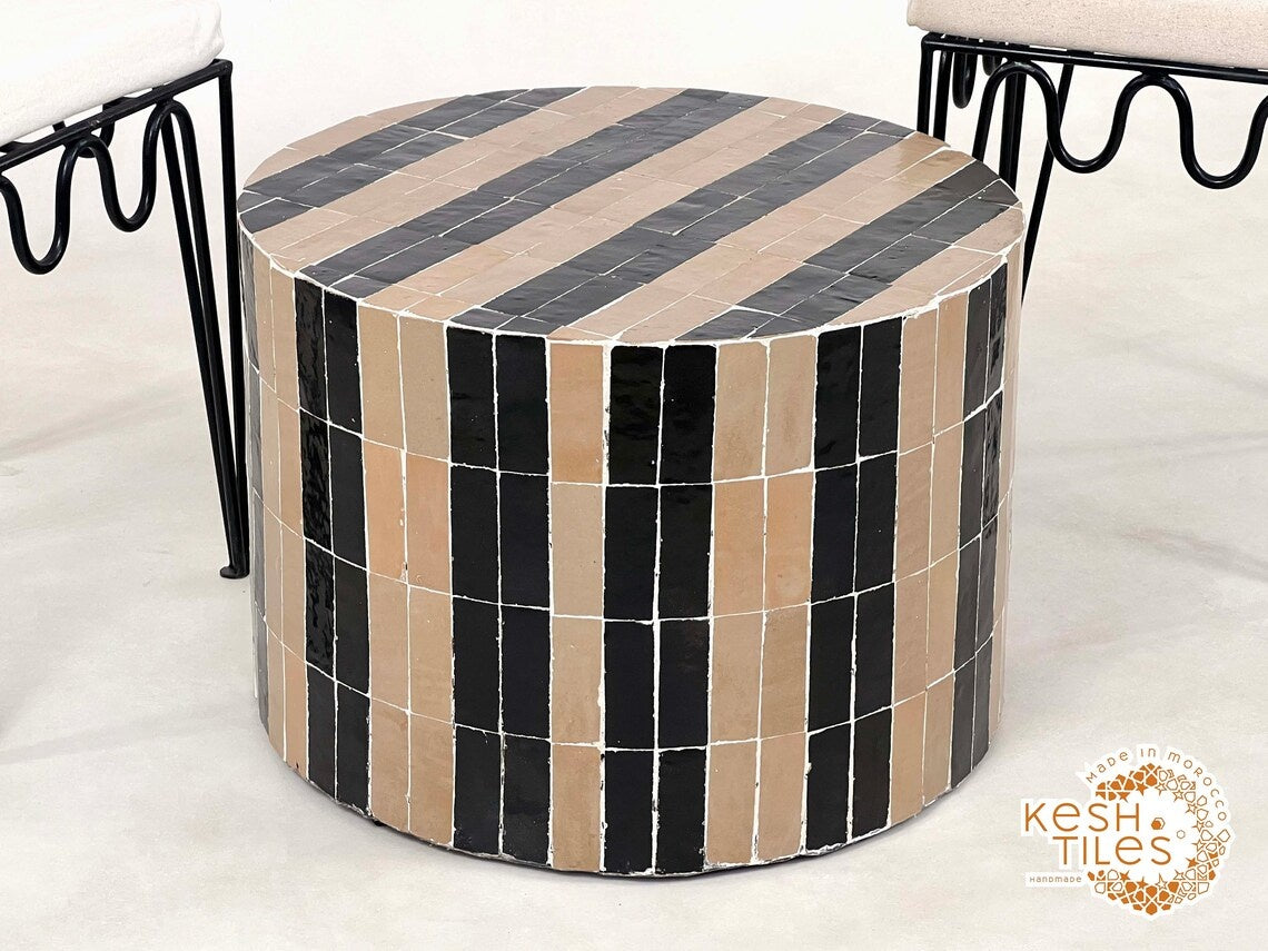 Isli - Beige and Black Drum Mosaic Coffee Table, Handmade Moroccan Zellige Table