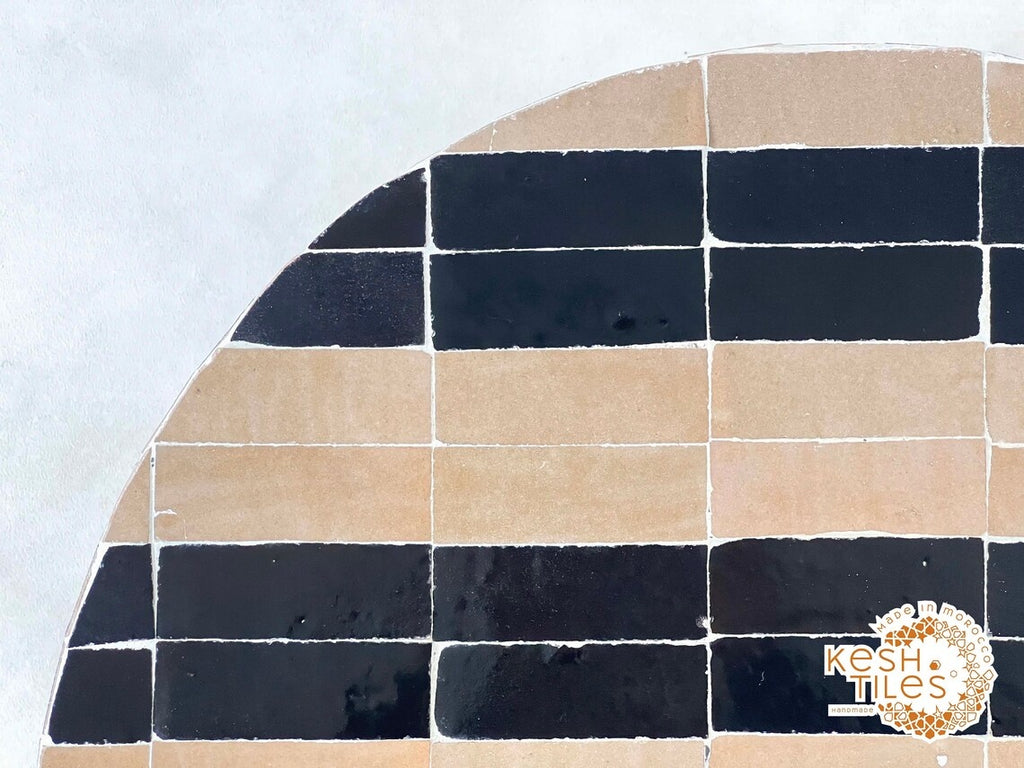 Isli - Beige and Black Drum Mosaic Coffee Table, Handmade Moroccan Zellige Table