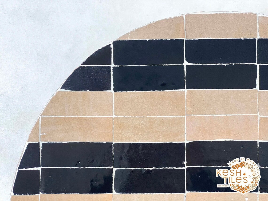 Isli - Beige and Black Drum Mosaic Coffee Table, Handmade Moroccan Zellige Table