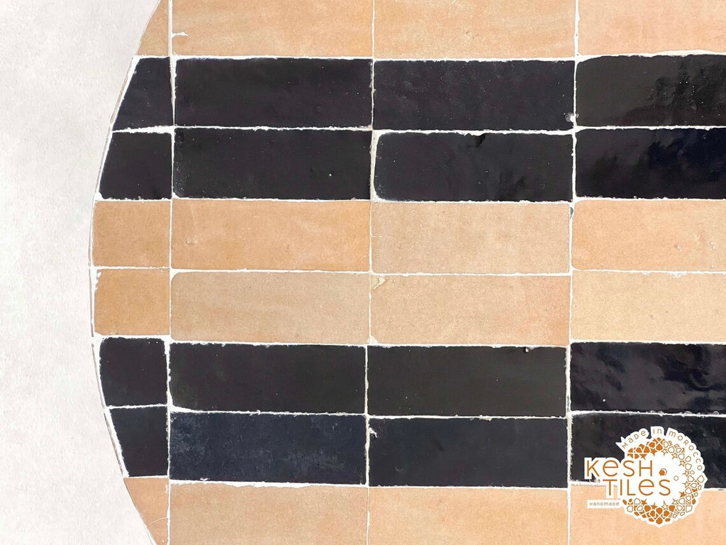 Isli - Beige and Black Drum Mosaic Coffee Table, Handmade Moroccan Zellige Table