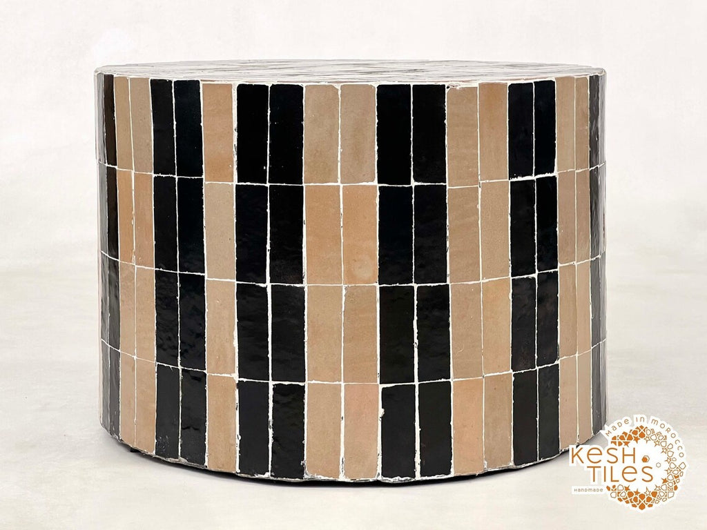 Isli - Beige and Black Drum Mosaic Coffee Table, Handmade Moroccan Zellige Table