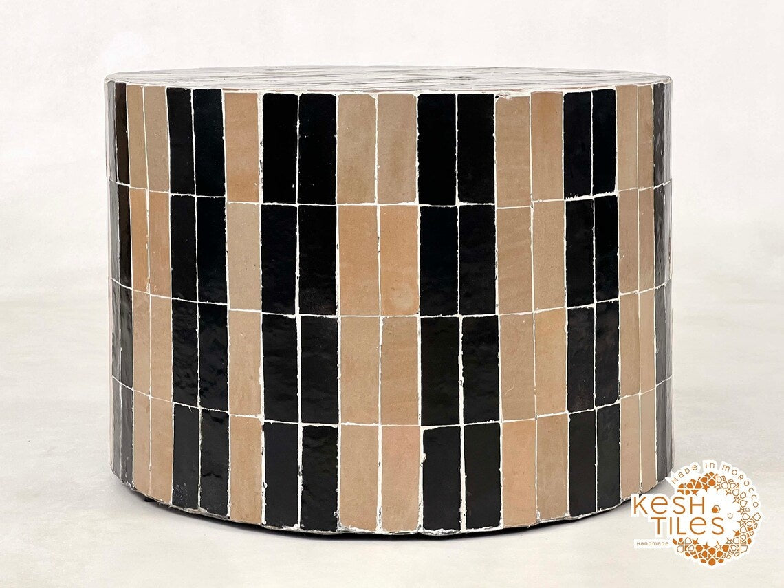 Isli - Beige and Black Drum Mosaic Coffee Table, Handmade Moroccan Zellige Table